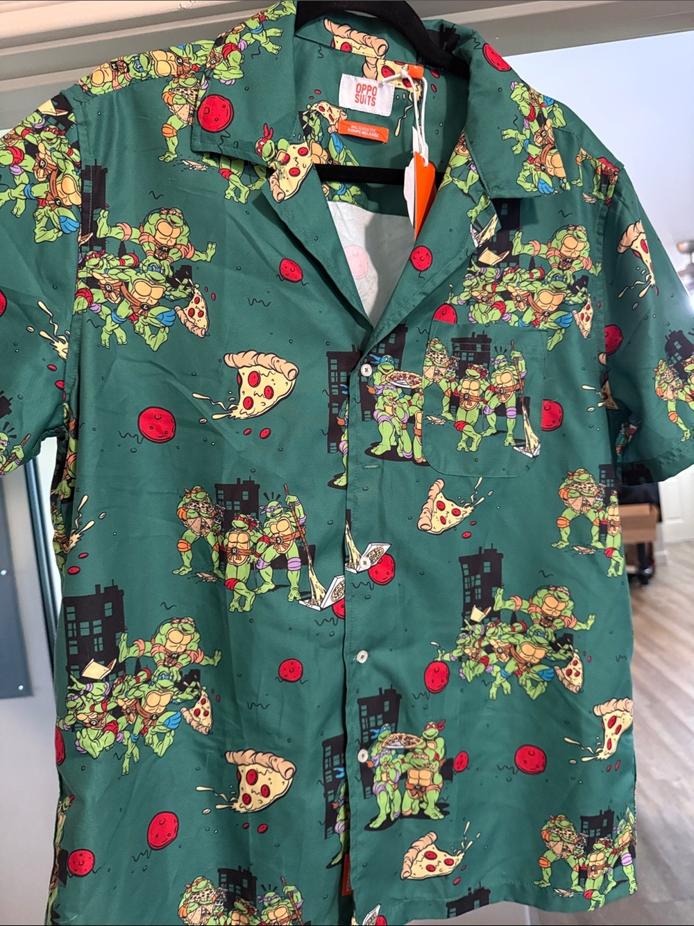 OppoSuits Green Teenage Mutant Ninja Turtles Pizza Print Button-Up Shirt